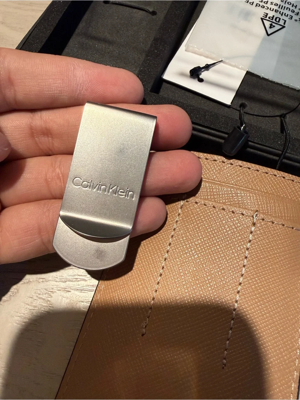 Calvin Klein Leather Card & Money Clip Set in Tan and Silver
